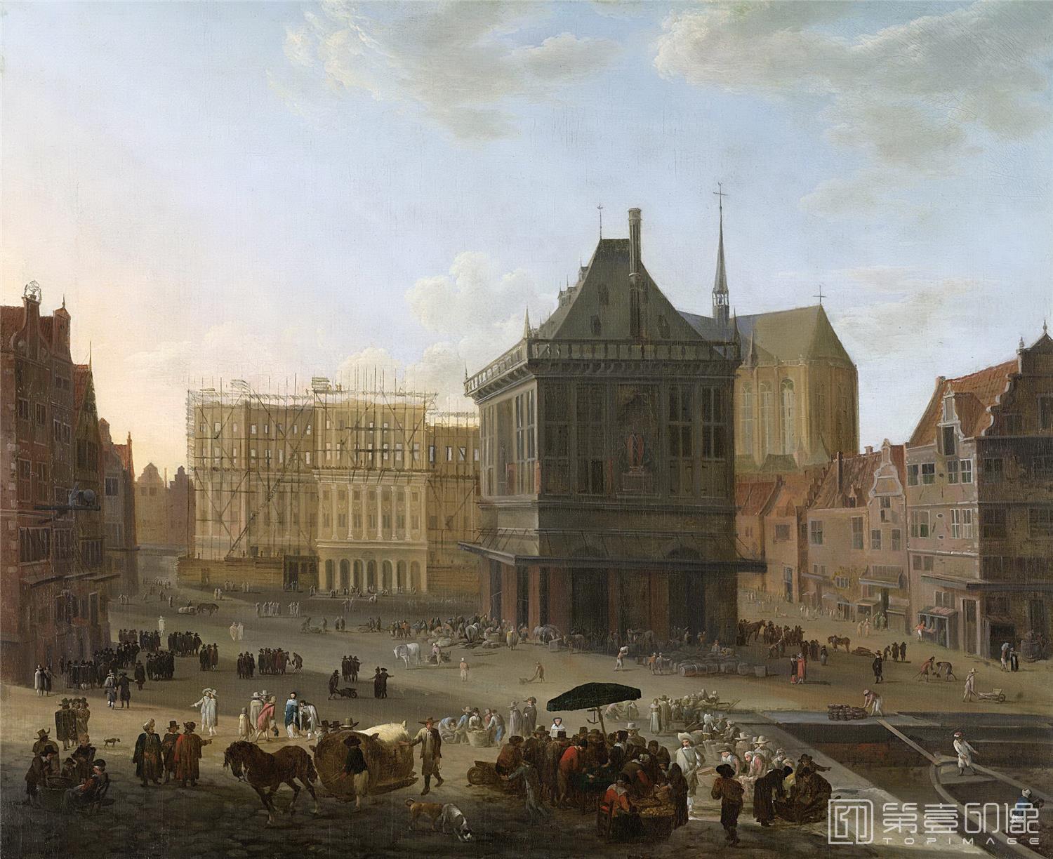 油画-荷兰阿姆斯特丹国家美术馆-Ulft Jacob van der De Dam te Amsterdam met het nieuwe stadhuis in aanbouw 1652-1689-1598
